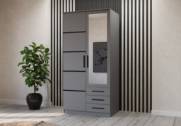 Arte Grey 2-Door Wardrobe With Mirror And Black Trim 100X207Cm - Three Drawers, Five Shelves - thumbnail 1