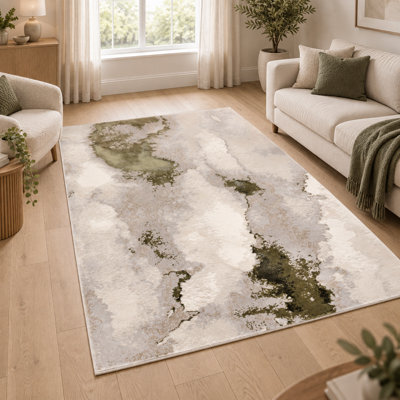 Underfoot Abstract Rug Green Beige Modern High Low Pile Living Room Bedroom Indoor - image 1