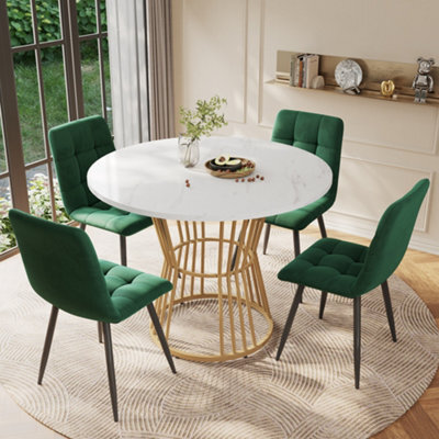 Abrihome 5-Pc Round Dining Set: 100Cm White Mdf Table W/ Gold Legs & 4 Green Velvet Chairs - image 1