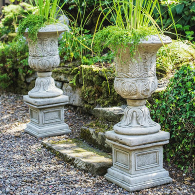 Pair Of Large Victorian Stone Cast Urns With Plinths - image 1