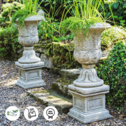 Pair Of Large Victorian Stone Cast Urns With Plinths - thumbnail 3
