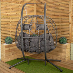 Samuel Alexander 2 Seater Hanging Garden Rattan Egg Chair With Steel Frame And Waterproof Cover In Grey - thumbnail 4