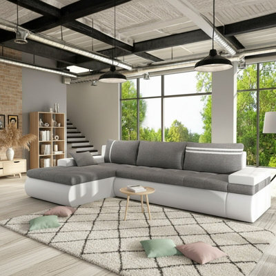 Oslo Convertible Living Room Corner Sofa Bed With Storage Hr Foam Wave Springs Chipboard 300X182X90Cm Grey And White Left - image 1