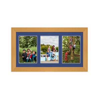 AK Frames 40X20Cm Country Pine Classic Multi Photo Frame With Blue Mount - Holds 3 Apertures (3X) 6X4 Photos - image 1