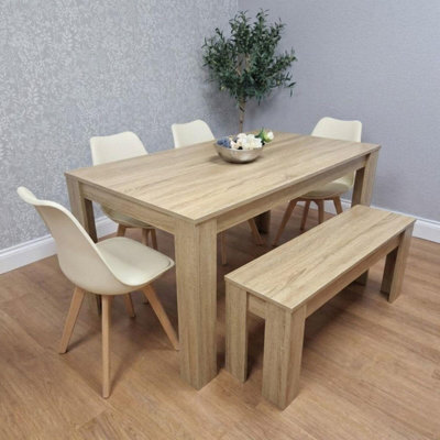 Kosy Koala Oak Effect Dining Table Set With 4 Cream Plastic Chairs And Bench Dining Room Furniture - image 1