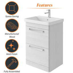 Plum&clay Emery Textured White Floor Standing Bathroom Vanity Unit & Basin Set With Chrome Handles (W)60Cm (H)86Cm - thumbnail 6