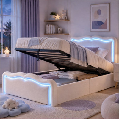 Modernluxe 3Ft Single Bed, Ottoman Bed, 90X190Cm, With Led Lights, Wave Headboard & Metal Slatted Base, Cream White, Velvet - image 1