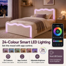 Modernluxe 3Ft Single Bed, Ottoman Bed, 90X190Cm, With Led Lights, Wave Headboard & Metal Slatted Base, Cream White, Velvet - thumbnail 6