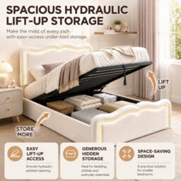 Modernluxe 3Ft Single Bed, Ottoman Bed, 90X190Cm, With Led Lights, Wave Headboard & Metal Slatted Base, Cream White, Velvet - thumbnail 5