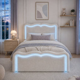 Modernluxe 3Ft Single Bed, Ottoman Bed, 90X190Cm, With Led Lights, Wave Headboard & Metal Slatted Base, Cream White, Velvet - thumbnail 2