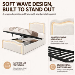 Modernluxe 3Ft Single Bed, Ottoman Bed, 90X190Cm, With Led Lights, Wave Headboard & Metal Slatted Base, Cream White, Velvet - thumbnail 7