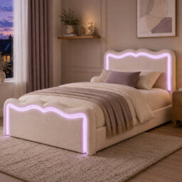 Modernluxe 3Ft Single Bed, Ottoman Bed, 90X190Cm, With Led Lights, Wave Headboard & Metal Slatted Base, Cream White, Velvet - thumbnail 3
