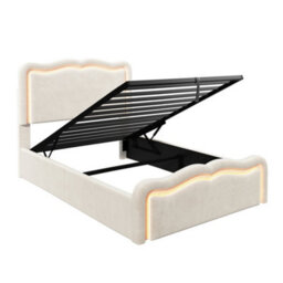 Modernluxe 3Ft Single Bed, Ottoman Bed, 90X190Cm, With Led Lights, Wave Headboard & Metal Slatted Base, Cream White, Velvet - thumbnail 9