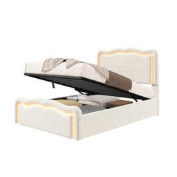 Modernluxe 3Ft Single Bed, Ottoman Bed, 90X190Cm, With Led Lights, Wave Headboard & Metal Slatted Base, Cream White, Velvet - thumbnail 8