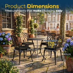 Homeology Oshowa Garden And Patio Table And 4 Large Chairs With Armrests Cast Aluminium Bistro Set - Black Cushions - thumbnail 9