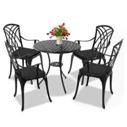 Homeology Oshowa Garden And Patio Table And 4 Large Chairs With Armrests Cast Aluminium Bistro Set - Black Cushions