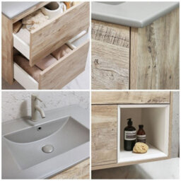Homestylestore Light Oak 812mm Wall Hung Bathroom Vanity Unit Open Shelf And Pebble Basin - thumbnail 2