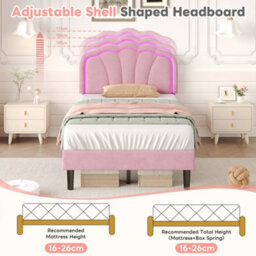 Btm 3Ft Single Upholstered Bed With Led Shell Headboard Velvet Frame Solid Wood Slats Pink No Mattress - thumbnail 7