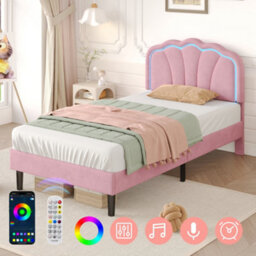 Btm 3Ft Single Upholstered Bed With Led Shell Headboard Velvet Frame Solid Wood Slats Pink No Mattress