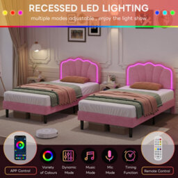 Btm 3Ft Single Upholstered Bed With Led Shell Headboard Velvet Frame Solid Wood Slats Pink No Mattress - thumbnail 8