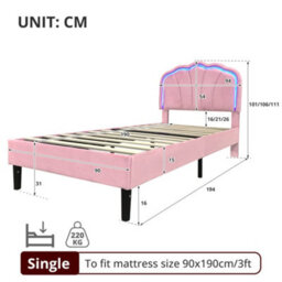Btm 3Ft Single Upholstered Bed With Led Shell Headboard Velvet Frame Solid Wood Slats Pink No Mattress - thumbnail 9
