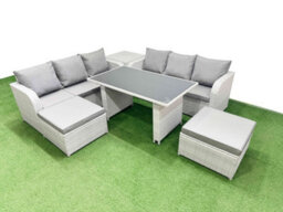 Fimous 8 Seater Rattan Outdoor Dining Table 3 Seater Sofa Set With Side Table 2 Big Stools Light Grey - thumbnail 1