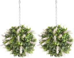 Pair Of Best Artificial 24Cm White Lush Lavender Hanging Basket Flower Topiary Ball - Weather & Fade Resistant