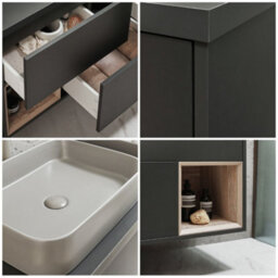 Homestylestore Black Grey 1200mm Wall Hung Bathroom Vanity Unit Rectangular Pebble Countertop Basins Open Shelves - thumbnail 2