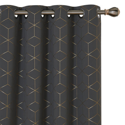 Deconovo Thermal Insulated Curtains, Eyelet Blackout Curtains, Gold Diamond Printed Curtains, W52 X L90 Inch, Dark Grey, One Pair - image 1