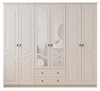 Evuhome Chloe 6 Door 2 Drawer Mirrored White Wardrobe