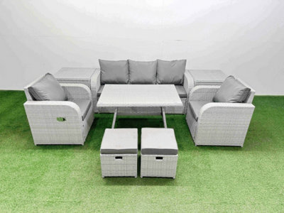 Fimous Reclining Chair 3 Seat Sofa Set Garden Furniture Set With 2 Side Tables 2 Small Footstools Light Grey - image 1