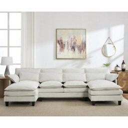Living And Home 3-Seater White Chenille Upholstered Sectional Sofa With Pillows