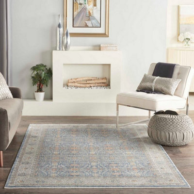 Light Blue Luxurious Traditional Bordered Floral Rug Easy To Clean Living Room And Bedroom-259Cm X 351Cm