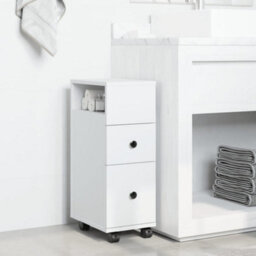 Berkfield Narrow Bathroom Cabinet With Wheels White Engineered Wood - thumbnail 3