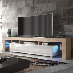 Nova Tv Unit 200Cm Oak And White High Gloss Doors With Led Lighting - Creative Furniture - thumbnail 5