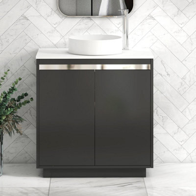 Royal Bathrooms Orion 800mm Matt Obsidian Black Floor Standing Plain White Countertop Vanity Unit 2 Door With Art Basin & Chrome Accent Trim - image 1