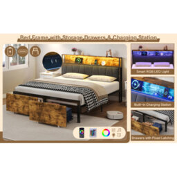 4Ft6 Double Bed Frame With 2 Storage Drawers, Rgb Led Storage Headboard With Charging Station, - thumbnail 5