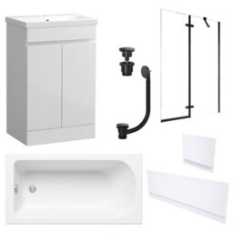 FNX Bathrooms Waterproof 600mm Vanity Unit With Single Ended Bath, Gloss White Panels, Matt Black Screen, Bath & Universal Basin Waste