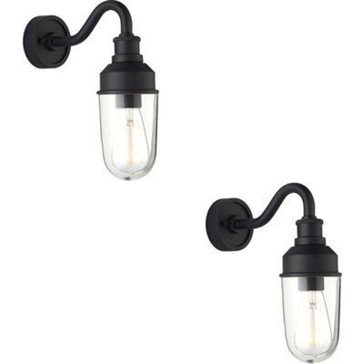 Loops 2 Pack Ip44 Outdoor Wall Light - Textured Black Curved Arm Clear Glass Shade - Garage Porch Lamp - image 1