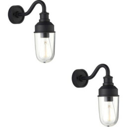 Loops 2 Pack Ip44 Outdoor Wall Light - Textured Black Curved Arm Clear Glass Shade - Garage Porch Lamp