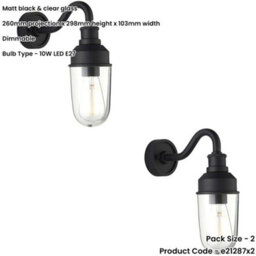 Loops 2 Pack Ip44 Outdoor Wall Light - Textured Black Curved Arm Clear Glass Shade - Garage Porch Lamp - thumbnail 2