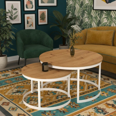 Okin 2 Piece Coffee Table Set Modern Metal Base With Durable Laminated Pvc Tops Large Small Duo Legs White Tabletop Artisan Oak - image 1