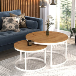 Okin 2 Piece Coffee Table Set Modern Metal Base With Durable Laminated Pvc Tops Large Small Duo Legs White Tabletop Artisan Oak - thumbnail 2