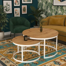 Okin 2 Piece Coffee Table Set Modern Metal Base With Durable Laminated Pvc Tops Large Small Duo Legs White Tabletop Artisan Oak