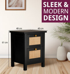 Hallowood Furniture Newquay Black Bedside With 2 Drawer And Real Rattan Front - thumbnail 3