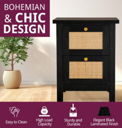 Hallowood Furniture Newquay Black Bedside With 2 Drawer And Real Rattan Front - thumbnail 4