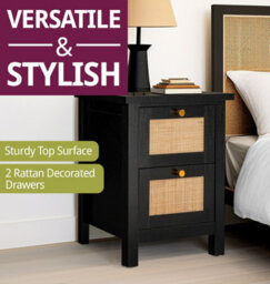 Hallowood Furniture Newquay Black Bedside With 2 Drawer And Real Rattan Front - thumbnail 5