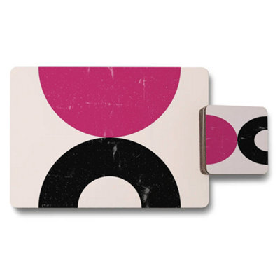 Benjamin Tate Design Geometric Placemat And Coaster Set 12 Pieces Pink Black Circle Design - image 1