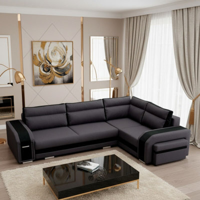Assan Corner Sofa Bed With Ottoman Wooden Frame Wave Spring Foam Loose Pillows Dark Grey And Black Right Side - image 1