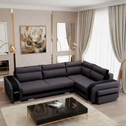 Assan Corner Sofa Bed With Ottoman Wooden Frame Wave Spring Foam Loose Pillows Dark Grey And Black Right Side - thumbnail 1